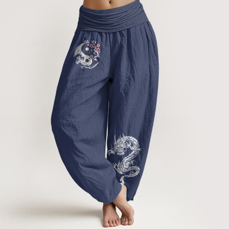 Damskie spodnie haremowe z elastycznej talii z motywem kwiatów i falami Yin Yang z Buddha Stones z czystej bawełny - DarkSlateBlue - US16, UK/AU20, EU48 (3XL) - image 5
