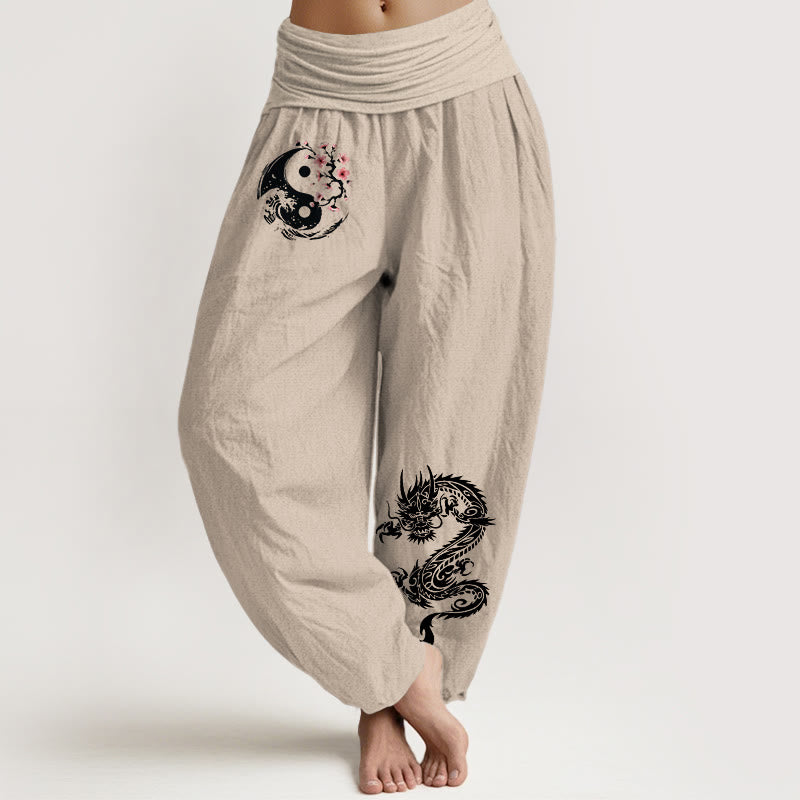 Damskie spodnie haremowe z elastycznej talii z motywem kwiatów i falami Yin Yang z Buddha Stones z czystej bawełny - Dębnik - US16, UK/AU20, EU48 (3XL) - image 11