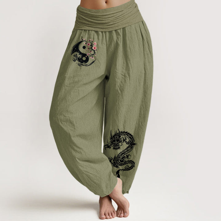Damskie spodnie haremowe z elastycznej talii z motywem kwiatów i falami Yin Yang z Buddha Stones z czystej bawełny - Oliwkowy - US16, UK/AU20, EU48 (3XL) - image 14