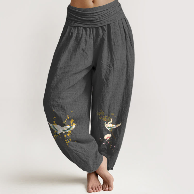 Damskie spodnie haremowe z elastycznej talii z Buddha Stones , żurawia i pomyślnych chmur, z kwiatowym wzorem z czystej bawełny - DimGray - US16, UK/AU20, EU48 (3XL) - image 0