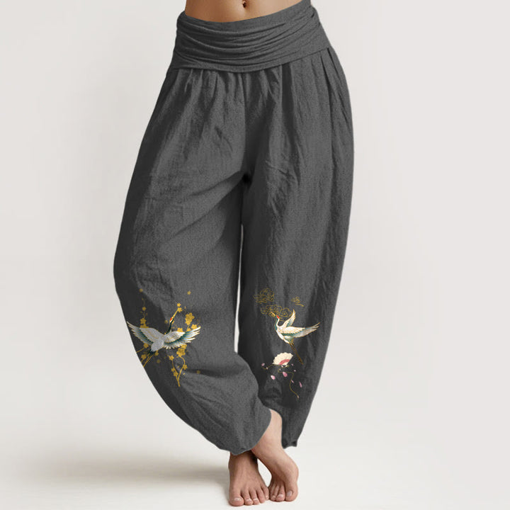 Damskie spodnie haremowe z elastycznej talii z Buddha Stones , żurawia i pomyślnych chmur, z kwiatowym wzorem z czystej bawełny - DimGray - US16, UK/AU20, EU48 (3XL) - image 0