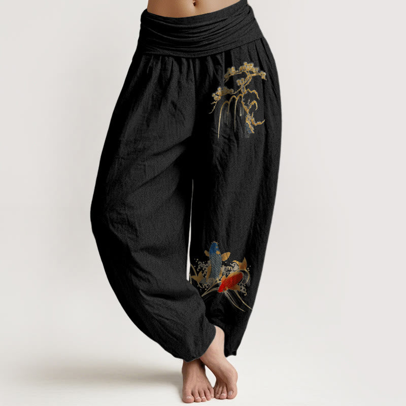 Buddha Stones Spodnie damskie haremowe z elastycznej talii z motywem ryby koi z czystej bawełny - Czarny - US16, UK/AU20, EU48 (3XL) - image 0