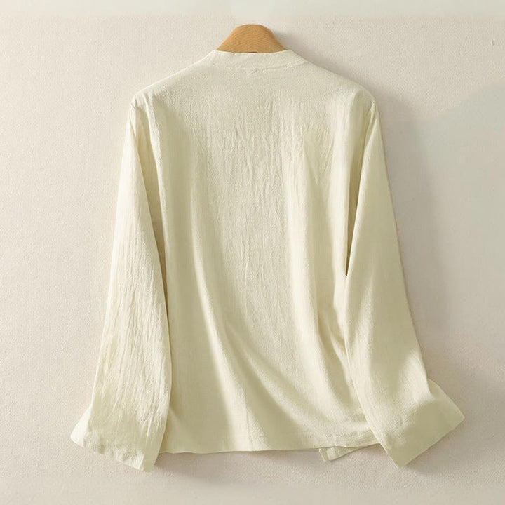 Koszula damska z długim rękawem z asymetrycznym przodem i guzikami w kształcie żaby z Buddha Stones - image 7