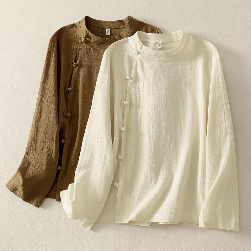 Koszula damska z długim rękawem z asymetrycznym przodem i guzikami w kształcie żaby z Buddha Stones - DarkGoldenrod - US8-10，UK/AU12-14，EU40-42 (2XL) - image 0