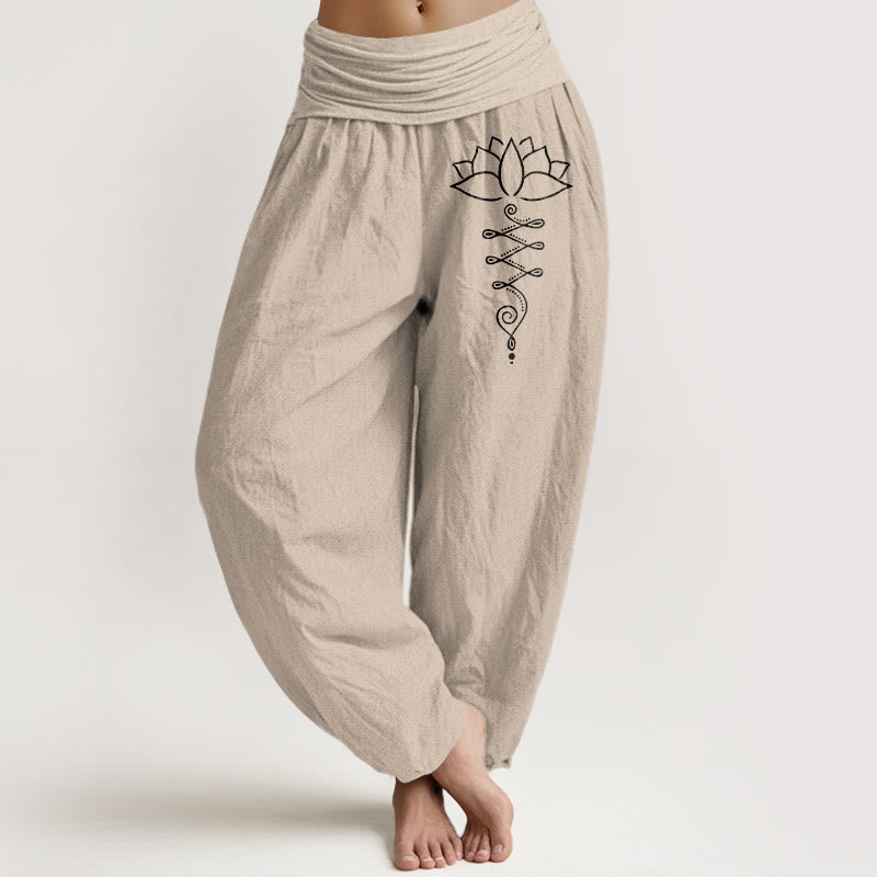 Damskie spodnie haremowe z elastycznej bawełny z motywem kwiatów lotosu i Buddha Stones - Dębnik - US16, UK/AU20, EU48 (3XL) - image 5