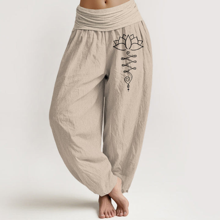 Damskie spodnie haremowe z elastycznej bawełny z motywem kwiatów lotosu i Buddha Stones - Dębnik - US16, UK/AU20, EU48 (3XL) - image 5
