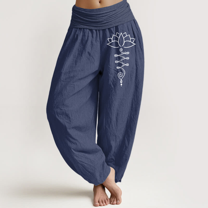 Damskie spodnie haremowe z elastycznej bawełny z motywem kwiatów lotosu i Buddha Stones - DarkSlateBlue - US16, UK/AU20, EU48 (3XL) - image 14