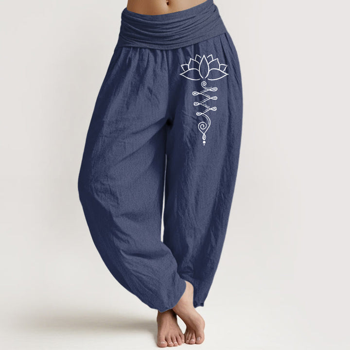 Damskie spodnie haremowe z elastycznej bawełny z motywem kwiatów lotosu i Buddha Stones - DarkSlateBlue - US16, UK/AU20, EU48 (3XL) - image 14