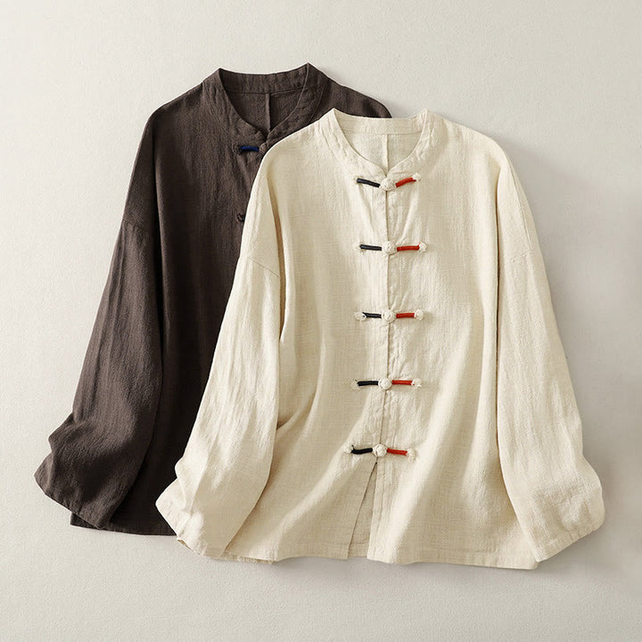 Koszula damska z długim rękawem z bawełny z motywem Buddha Stones, zapinana na guziki z żabą i chińskimi kamieniami Buddy - SaddleBrown - US8-10，UK/AU12-14，EU40-42 (2XL) - image 0