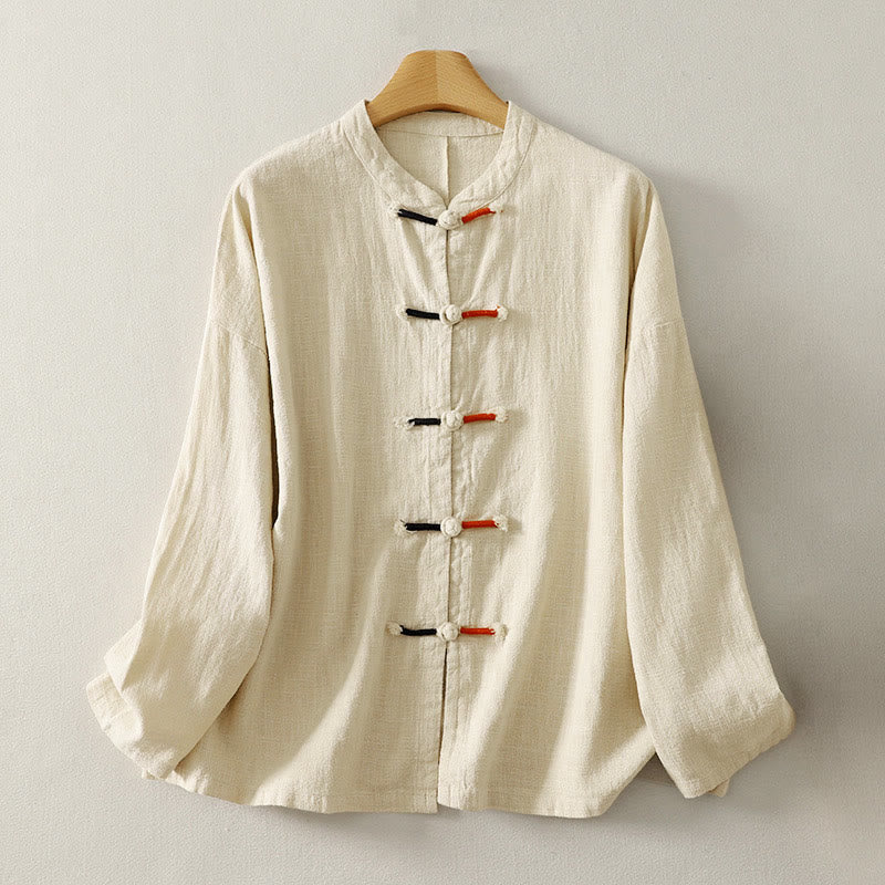 Koszula damska z długim rękawem z bawełny z motywem Buddha Stones, zapinana na guziki z żabą i chińskimi kamieniami Buddy - Beżowy - US8-10，UK/AU12-14，EU40-42 (2XL) - image 6