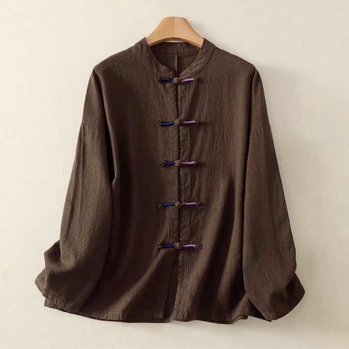 Koszula damska z długim rękawem z bawełny i lnu w stylu zen, z motywem kamieni Buddha Stones , prosta, chińska, z żabą i guzikami - image 1