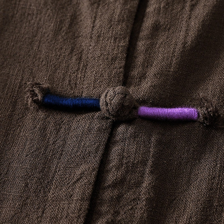 Koszula damska z długim rękawem z bawełny i lnu w stylu zen, z motywem kamieni Buddha Stones , prosta, chińska, z żabą i guzikami - image 3