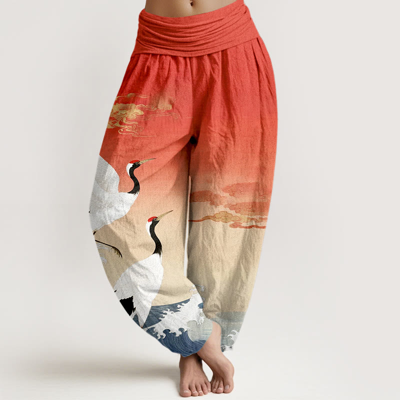 Buddha Stones Czysta bawełna Żurawie Pomyślne chmury Ocean Damskie spodnie haremowe z elastyczną talią - Pomidor - US16, UK/AU20, EU48 (3XL) - image 0