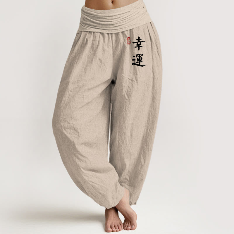 Damskie spodnie haremowe z elastyczną talią i wzorem z Buddha Stones w kolorze chińskim i czerwoną foką - Dębnik - US16, UK/AU20, EU48 (3XL) - image 0