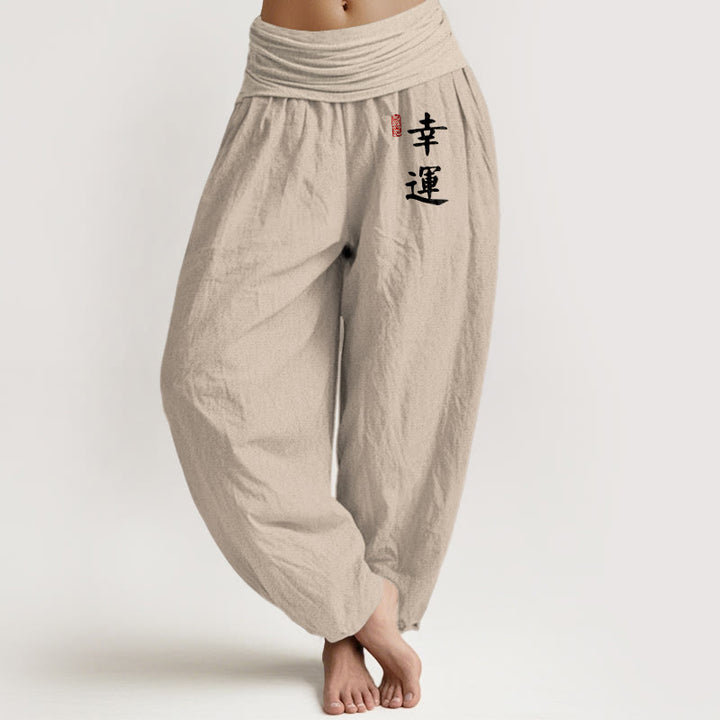 Damskie spodnie haremowe z elastyczną talią i wzorem z Buddha Stones w kolorze chińskim i czerwoną foką - Dębnik - US16, UK/AU20, EU48 (3XL) - image 0