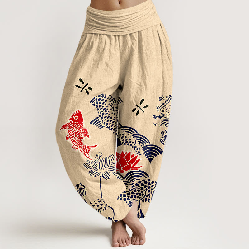 Buddha Stones Czysta bawełna Koi Ryba Lotos Kwiaty Oceaniczne Damskie Spodnie Harem z Elastyczną Talią - PapayaWhip - US16, UK/AU20, EU48 (3XL) - image 0