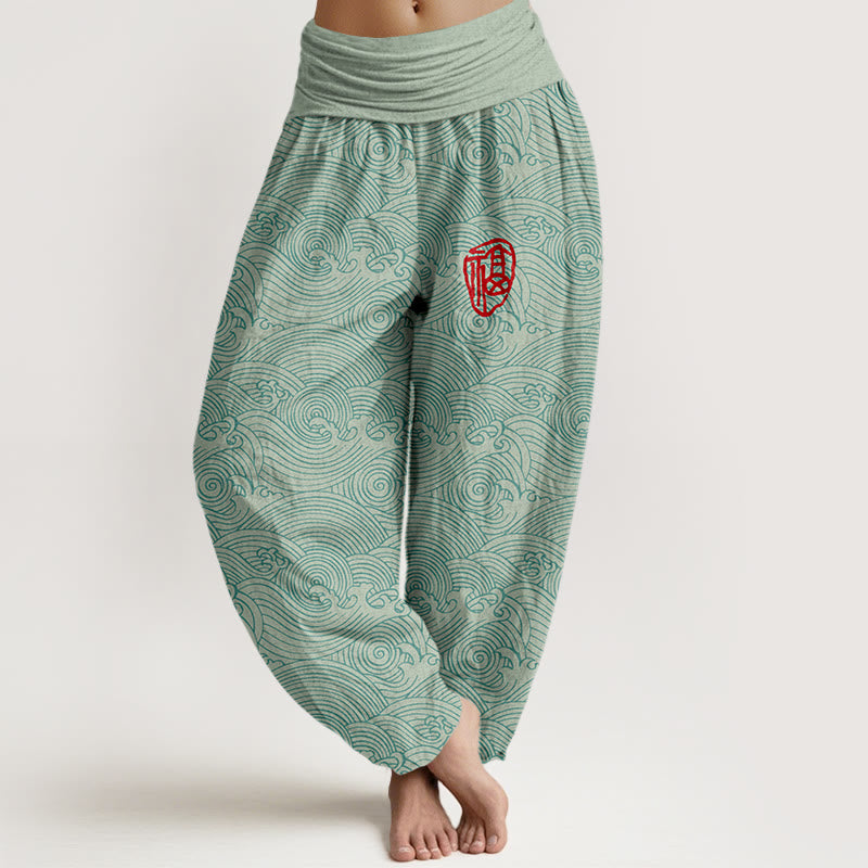 Damskie spodnie haremowe z elastyczną talią i motywem fal oceanicznych z Buddha Stones z czystej bawełny Fu - Akwamaryn - US16, UK/AU20, EU48 (3XL) - image 0