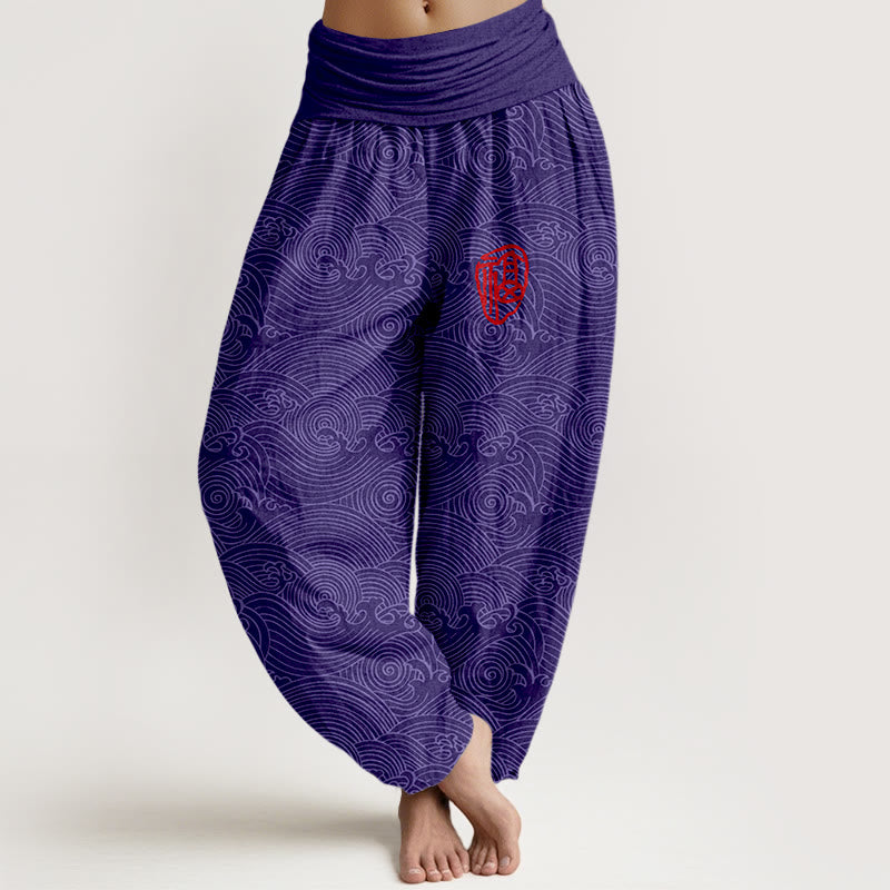 Damskie spodnie haremowe z elastyczną talią i motywem fal oceanicznych z Buddha Stones z czystej bawełny Fu - Ciemnofioletowy - US16, UK/AU20, EU48 (3XL) - image 5