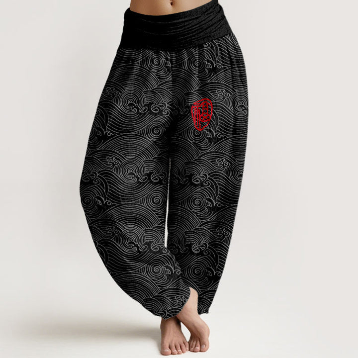 Damskie spodnie haremowe z elastyczną talią i motywem fal oceanicznych z Buddha Stones z czystej bawełny Fu - Czarny - US16, UK/AU20, EU48 (3XL) - image 8