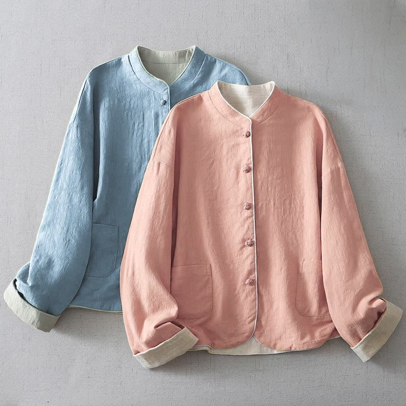 Kurtka damska z żakardowego materiału Buddha Stones z długim rękawem, kieszeniami i stójką, wykonana z bawełny i lnu - image 9