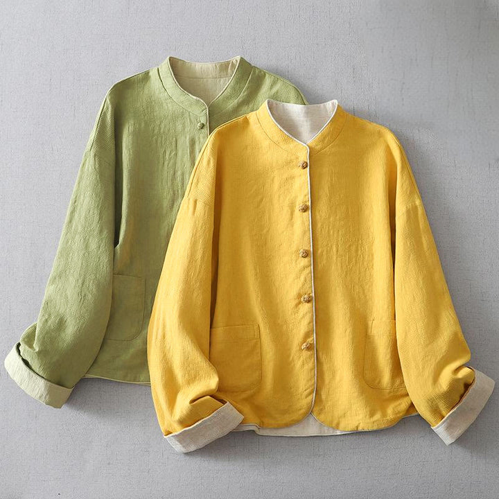 Kurtka damska z żakardowego materiału Buddha Stones z długim rękawem, kieszeniami i stójką, wykonana z bawełny i lnu - image 4