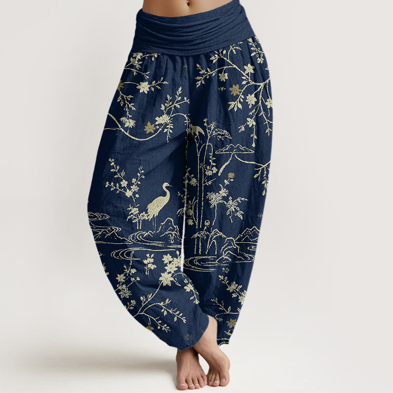 Damskie spodnie haremowe z elastyczną talią i czystą bawełną, z nadrukiem w kwiaty i gałęzie drzew w kształcie Buddha Stones - MidnightBlue - US16, UK/AU20, EU48 (3XL) - image 0