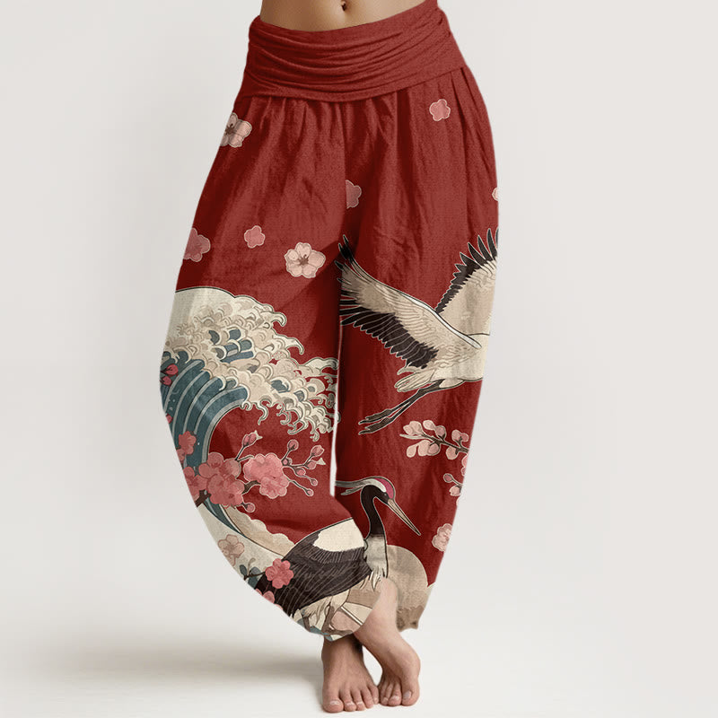 Damskie spodnie haremowe z elastyczną talią i elastycznym pasem w kwiaty brzoskwini i Buddha Stones z czystej bawełny - Ciemnoczerwony - US16, UK/AU20, EU48 (3XL) - image 0
