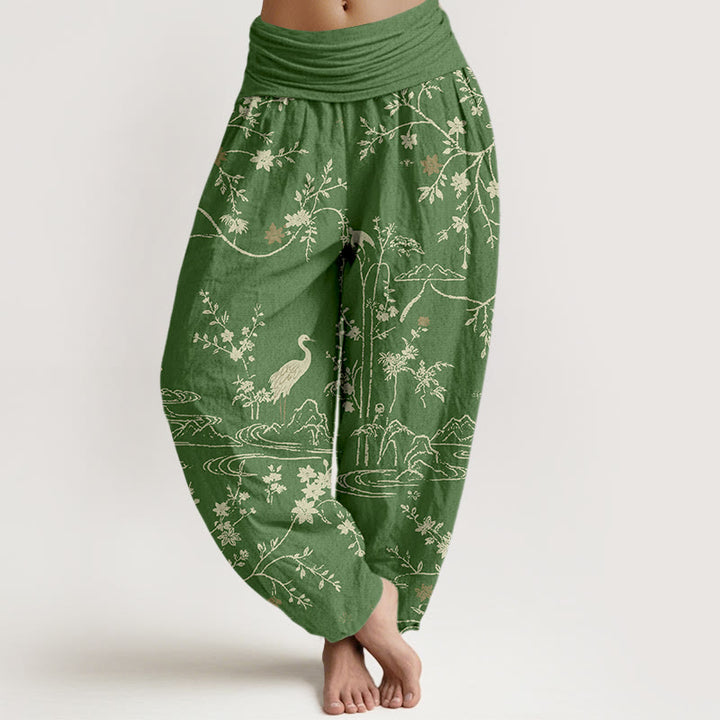 Damskie spodnie haremowe z elastyczną talią i czystą bawełną, z nadrukiem w kwiaty i gałęzie drzew w kształcie Buddha Stones - ForestGreen - US16, UK/AU20, EU48 (3XL) - image 5