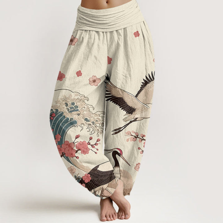 Damskie spodnie haremowe z elastyczną talią i elastycznym pasem w kwiaty brzoskwini i Buddha Stones z czystej bawełny - Bielizna - US16, UK/AU20, EU48 (3XL) - image 8