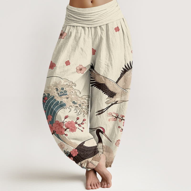 Damskie spodnie haremowe z elastyczną talią i elastycznym pasem w kwiaty brzoskwini i Buddha Stones z czystej bawełny - Bielizna - US16, UK/AU20, EU48 (3XL) - image 8