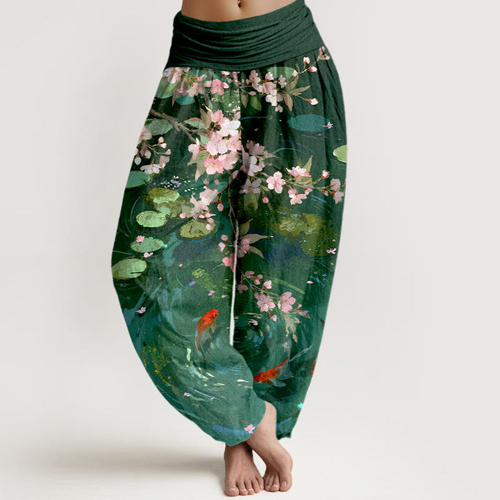 Buddha Stones , czysta bawełna, kwiaty Sakury, ryby Koi, liście lotosu, damskie spodnie haremowe z elastyczną talią - SeaGreen - US16, UK/AU20, EU48 (3XL) - image 0