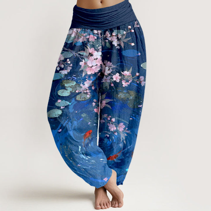 Buddha Stones , czysta bawełna, kwiaty Sakury, ryby Koi, liście lotosu, damskie spodnie haremowe z elastyczną talią - RoyalBlue - US16, UK/AU20, EU48 (3XL) - image 8