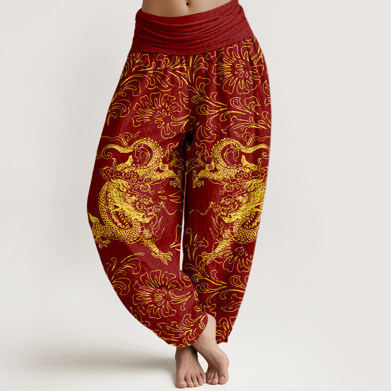 Damskie spodnie haremowe z elastyczną talią i motywem kwiatowym w kolorze smoczych Buddha Stones - Cegła ogniotrwała - US16, UK/AU20, EU48 (3XL) - image 0