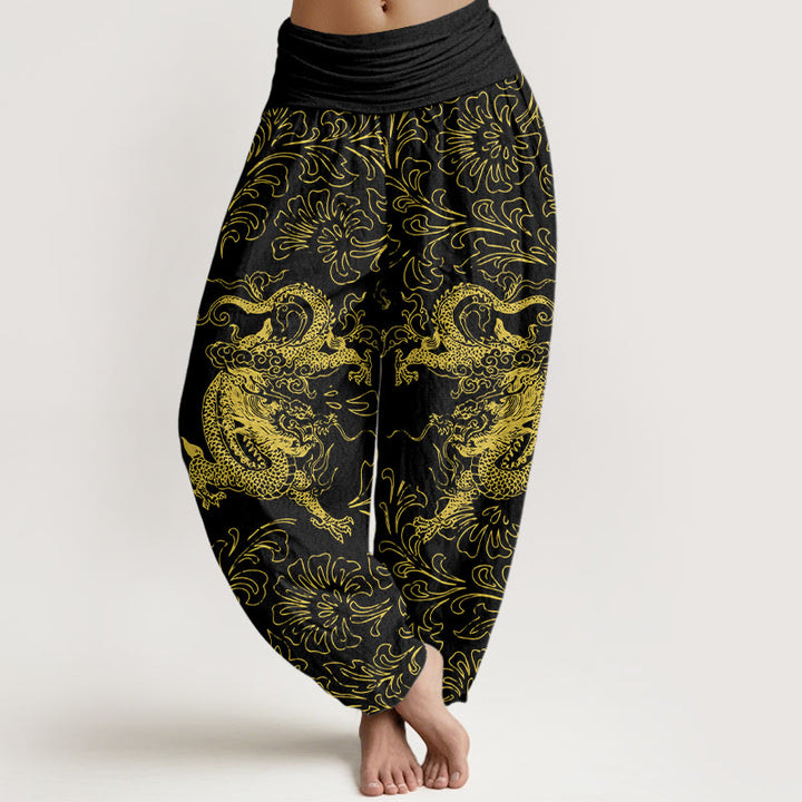 Damskie spodnie haremowe z elastyczną talią i motywem kwiatowym w kolorze smoczych Buddha Stones - Czarny - US16, UK/AU20, EU48 (3XL) - image 8