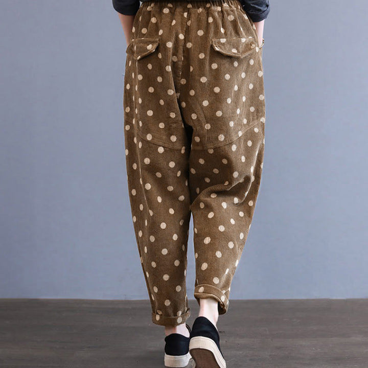 Damskie spodnie haremowe z nadrukiem w kropki z Buddha Stones z kolekcji "Jesień do pracy" z motywem sztruksu i kieszeniami - image 6