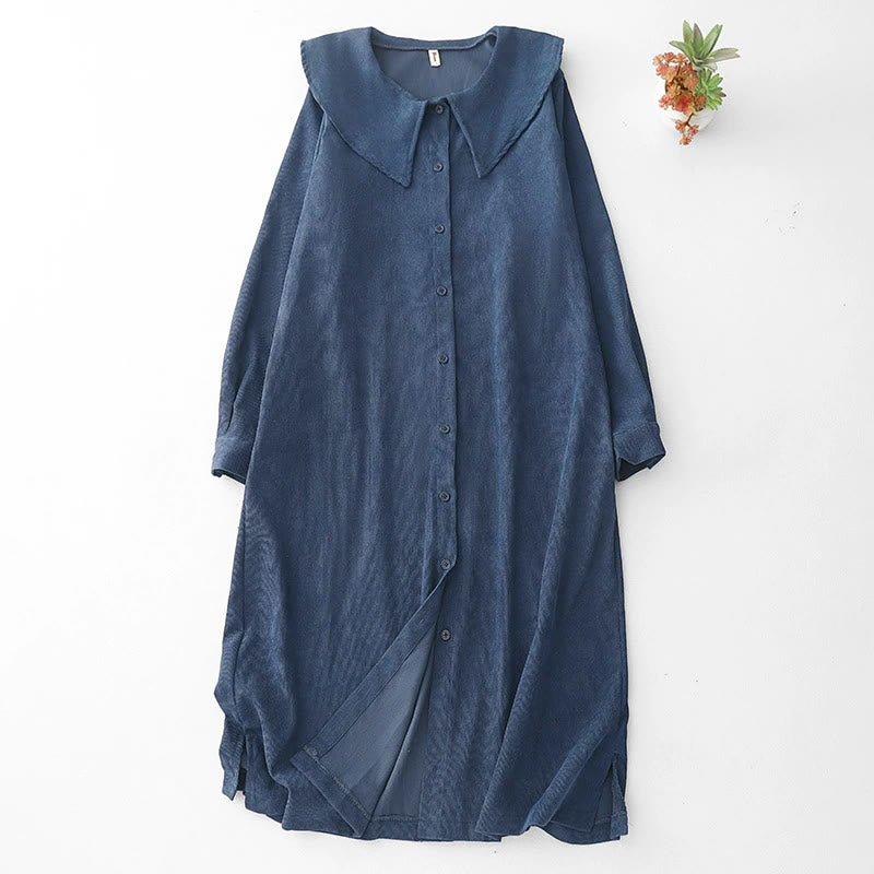 Sukienka midi z długim rękawem i kieszeniami z tkaniny sztruksowej Buddha Stones Fall z prostymi guzikami - Ciemnoniebieski - US8-10，UK/AU12-14，EU40-42 (2XL) - image 0