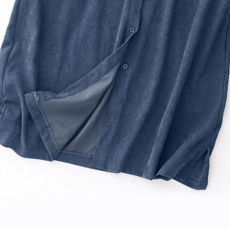 Sukienka midi z długim rękawem i kieszeniami z tkaniny sztruksowej Buddha Stones Fall z prostymi guzikami - image 3