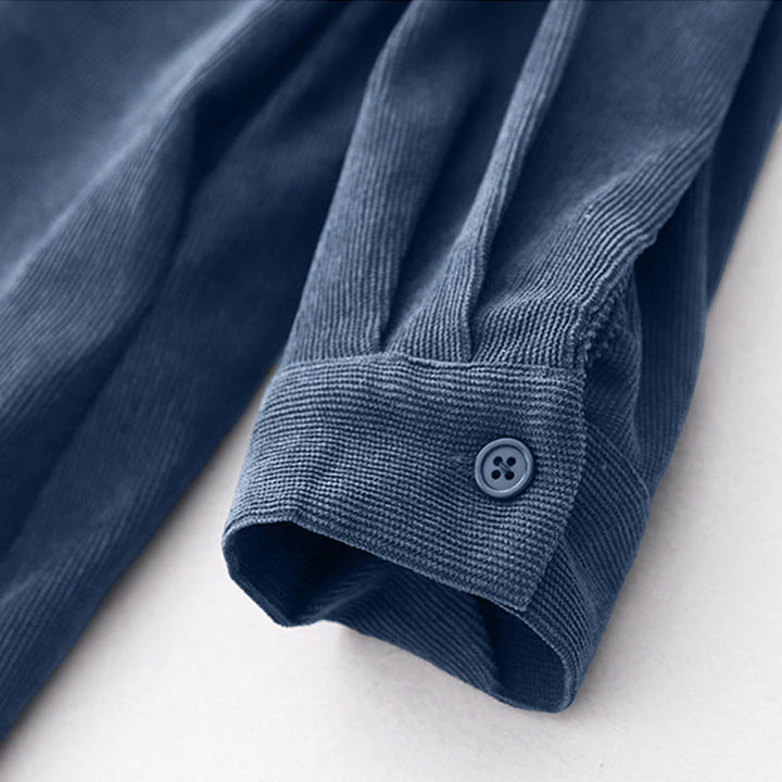 Sukienka midi z długim rękawem i kieszeniami z tkaniny sztruksowej Buddha Stones Fall z prostymi guzikami - image 9