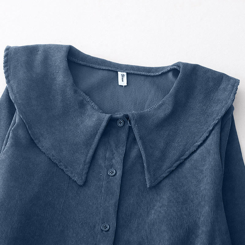 Sukienka midi z długim rękawem i kieszeniami z tkaniny sztruksowej Buddha Stones Fall z prostymi guzikami - image 4