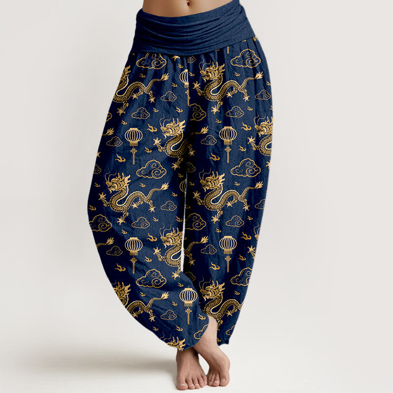 Damskie spodnie haremowe z elastyczną talią, z nadrukiem w Buddha Stones, z motywem smoka i chmury, z latarnią i pomyślną chmurą - MidnightBlue - US16, UK/AU20, EU48 (3XL) - image 5