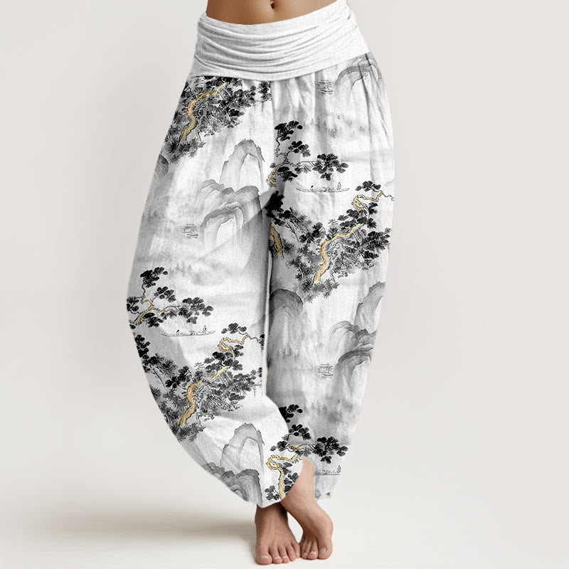 Damskie spodnie haremowe z elastyczną talią i nadrukiem w Buddha Stones, sosny i góry, z czystej bawełny - Czarny - US16, UK/AU20, EU48 (3XL) - image 5