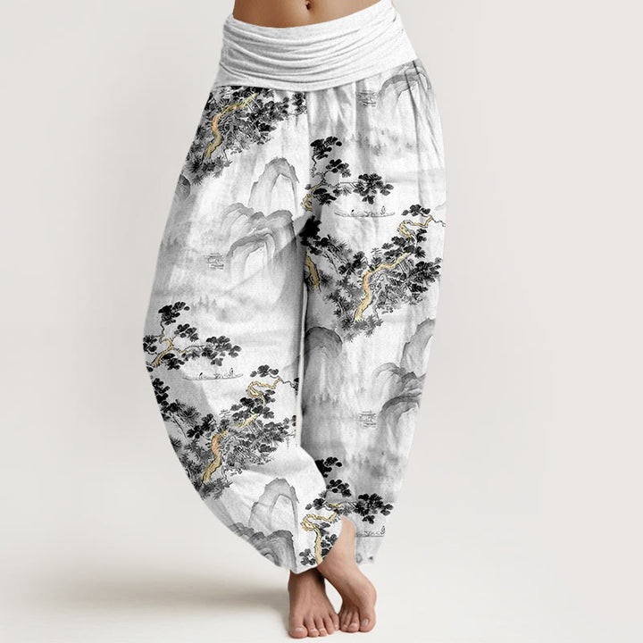 Damskie spodnie haremowe z elastyczną talią i nadrukiem w Buddha Stones, sosny i góry, z czystej bawełny - Czarny - US16, UK/AU20, EU48 (3XL) - image 5