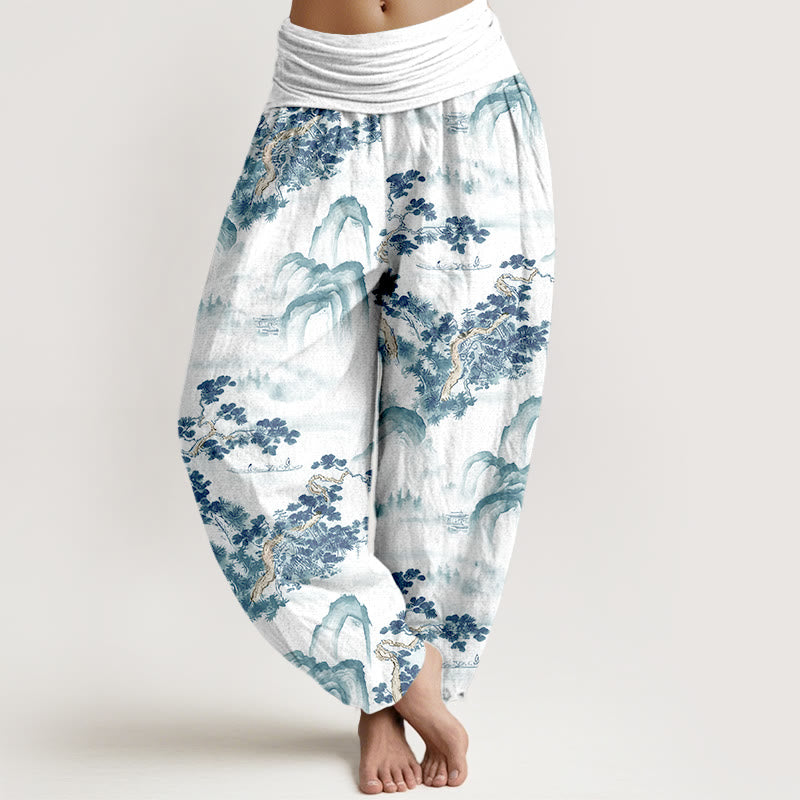 Damskie spodnie haremowe z elastyczną talią i nadrukiem w Buddha Stones, sosny i góry, z czystej bawełny - SkyBlue - US16, UK/AU20, EU48 (3XL) - image 8