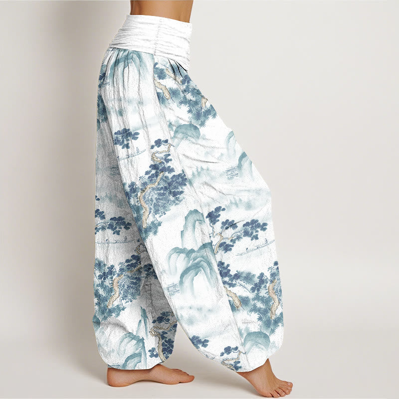 Damskie spodnie haremowe z elastyczną talią i nadrukiem w Buddha Stones, sosny i góry, z czystej bawełny - image 9