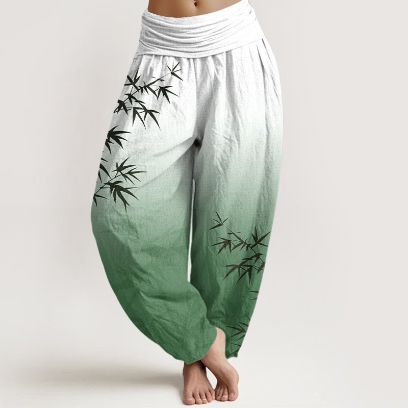 Spodnie haremowe damskie z elastycznej talii z motywem liści bambusa w swobodnym stylu z czystej bawełny i wzorem Buddha Stones - MediumSeaGreen - US16, UK/AU20, EU48 (3XL) - image 0