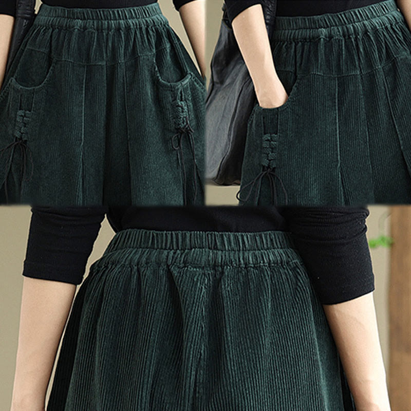 Damskie spodnie sztruksowe z szerokimi nogawkami i kieszeniami, w jednolitym kolorze, ze ściągaczem i Buddha Stones - image 29