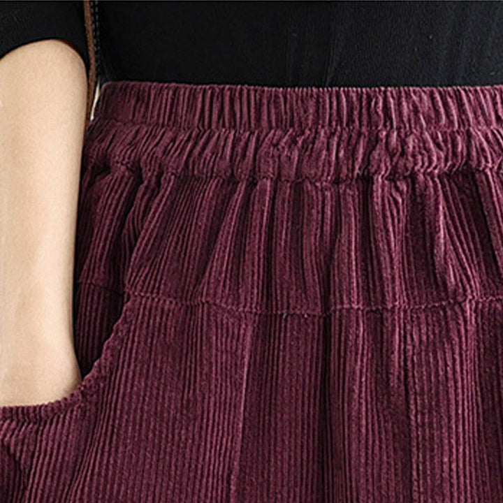 Damskie spodnie sztruksowe z szerokimi nogawkami i kieszeniami, w jednolitym kolorze, ze ściągaczem i Buddha Stones - image 6