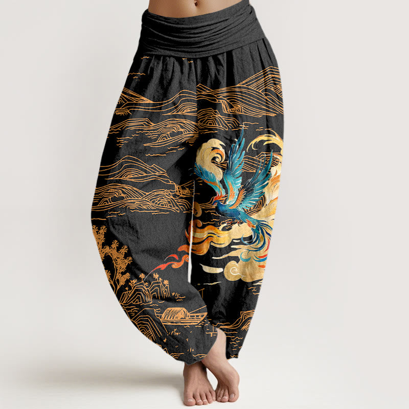Spodnie damskie Harem z elastycznej bawełny z motywem Buddha Stones i gór Feniksa - Czarny - US16, UK/AU20, EU48 (3XL) - image 0
