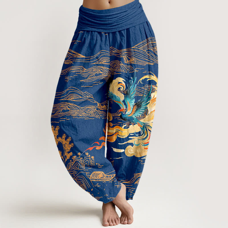 Spodnie damskie Harem z elastycznej bawełny z motywem Buddha Stones i gór Feniksa - MediumBlue - US16, UK/AU20, EU48 (3XL) - image 8