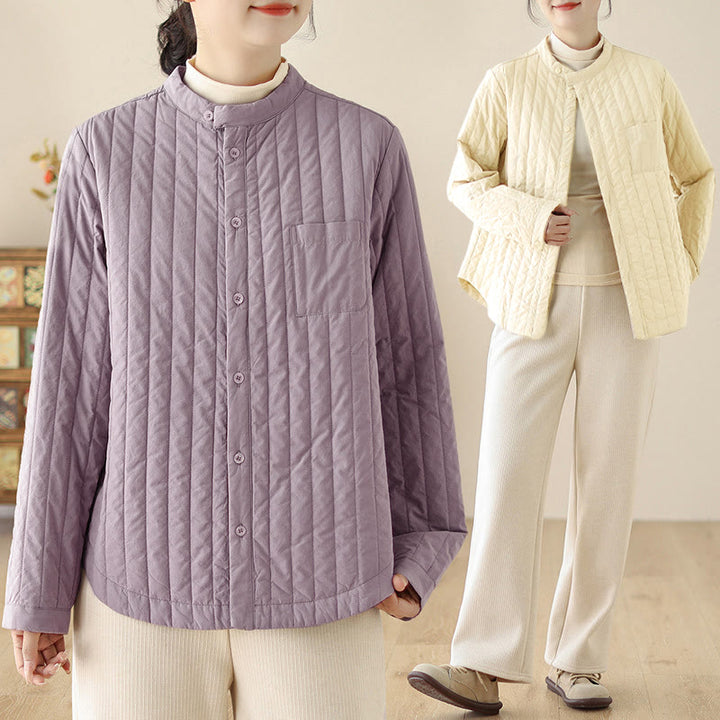 Damska kurtka termiczna z długim rękawem i kieszenią, z kołnierzem typu stójka i prostym wzorem "Buddha Stones" - image 17